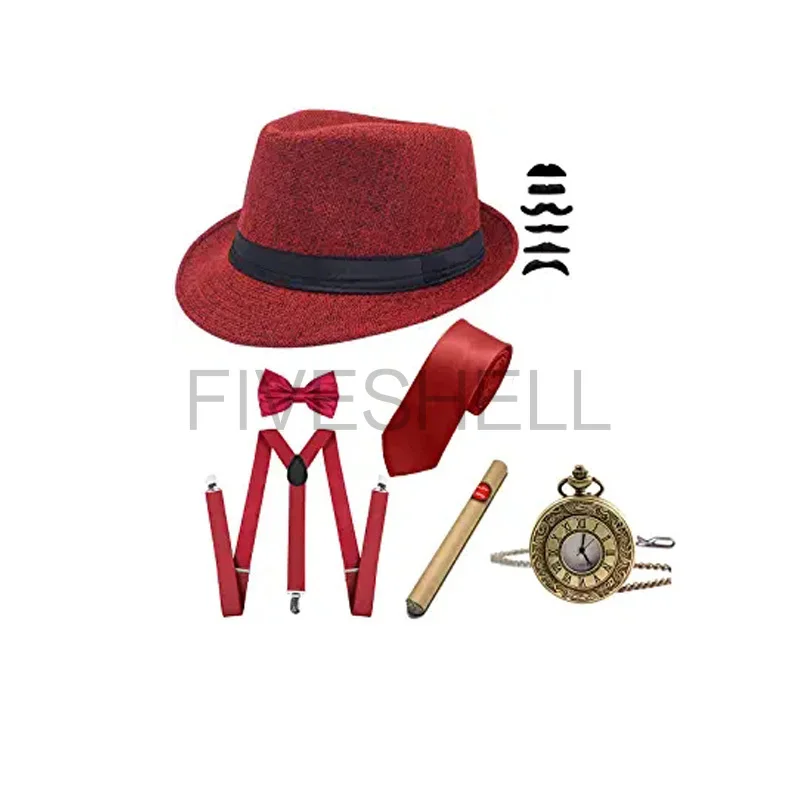 Mens 1920s Gatsby Gangster Costume Accessories Set Hat Braces Bow