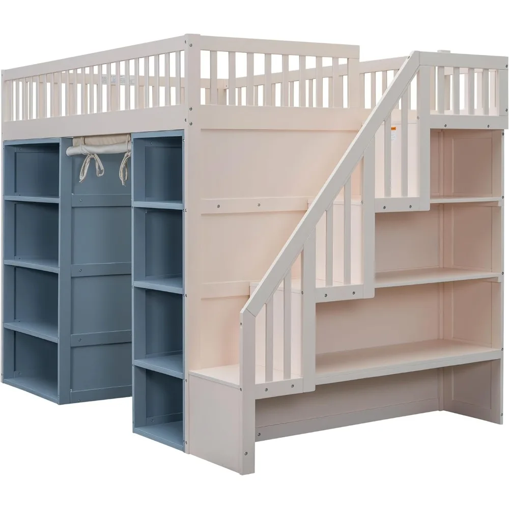 Full Size Loft Bed with Stairs and 2 Four-Layer Storage Cabinets and Curtain, for Kids Teens Adults (White+Blue)