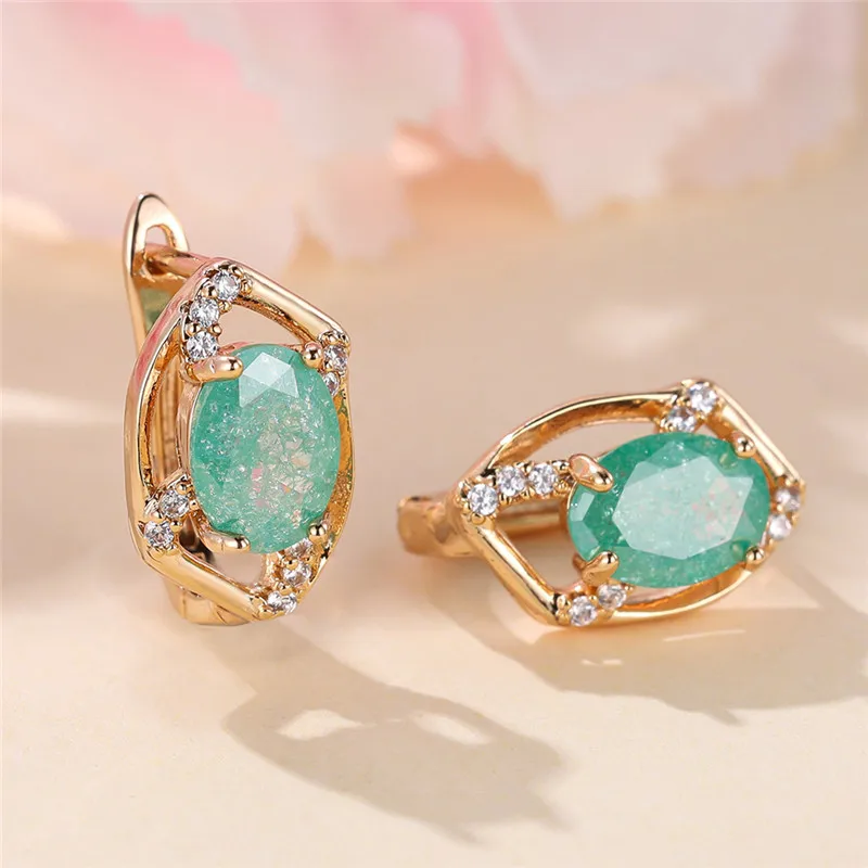 Luxury Female Green Stone Clip Earrings Charm Gold Color Wedding Jewelry For Women