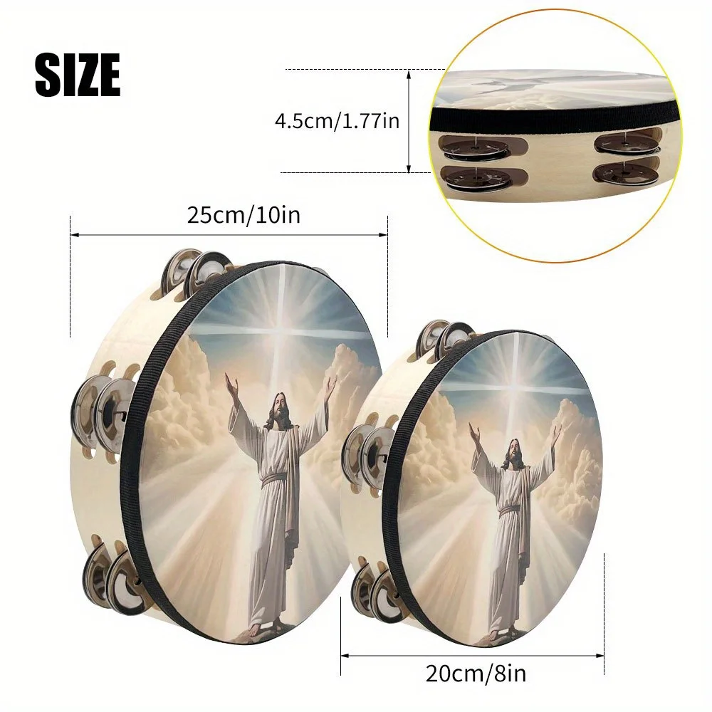 8/10-inch Jesus Tambourine Double Row Jingle Tambourine Handbell Clap Drum for Party Musical Instrument