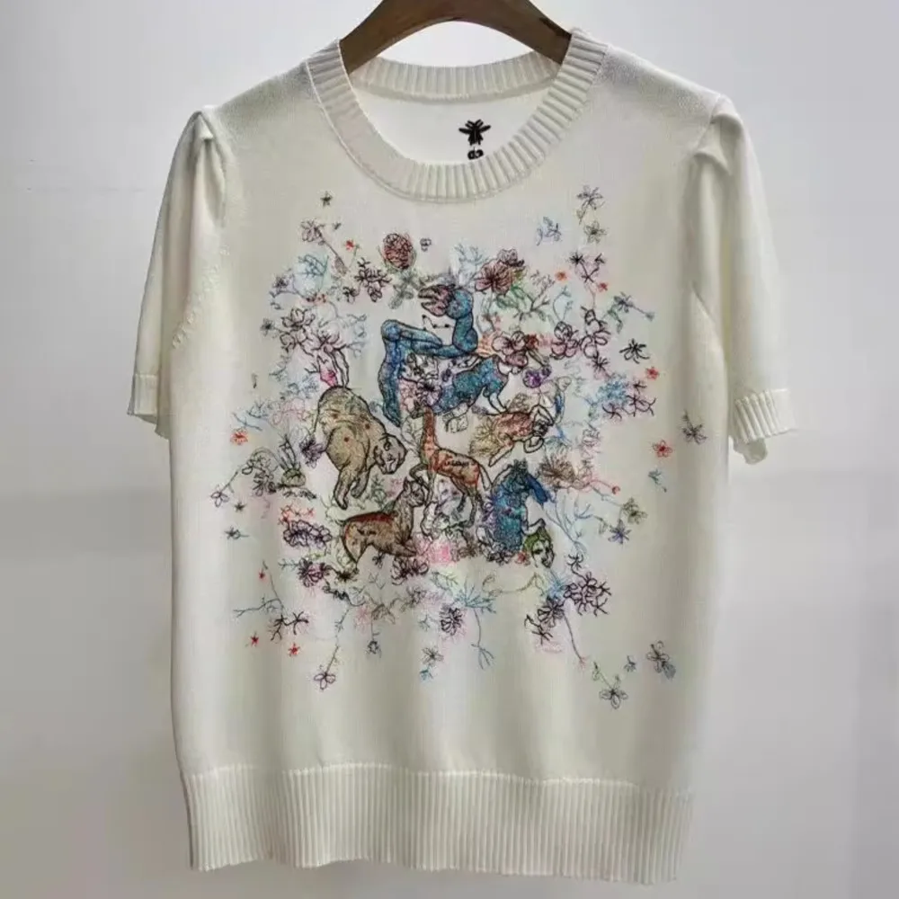 

Свитер с вышивкой женский новый пуловер с круглым вырезом топ с коротким рукавом вязаный Топ