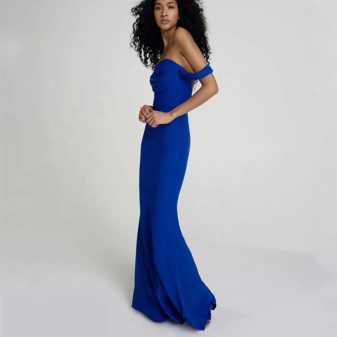 

Elegant Long Mermaid Bridesmaid Dresses Crepe Off Shoulder Royal Blue Formal Maid of Honor robes de demoiselle d'honneur