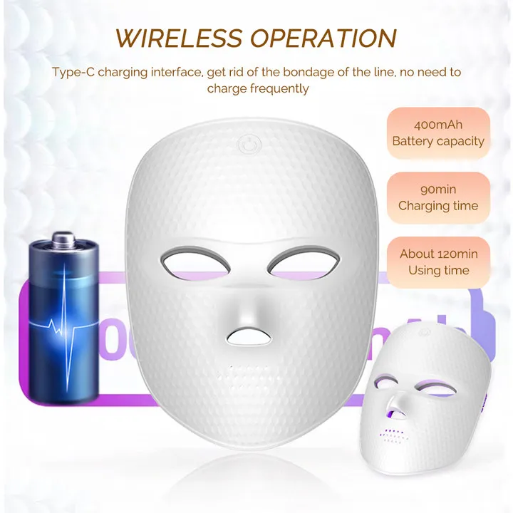Wireless LED Facial Mask 7 Colors Light Photon Skin Tighten Rejuvenation Brighten Anti-Aging Skin Beauty Device