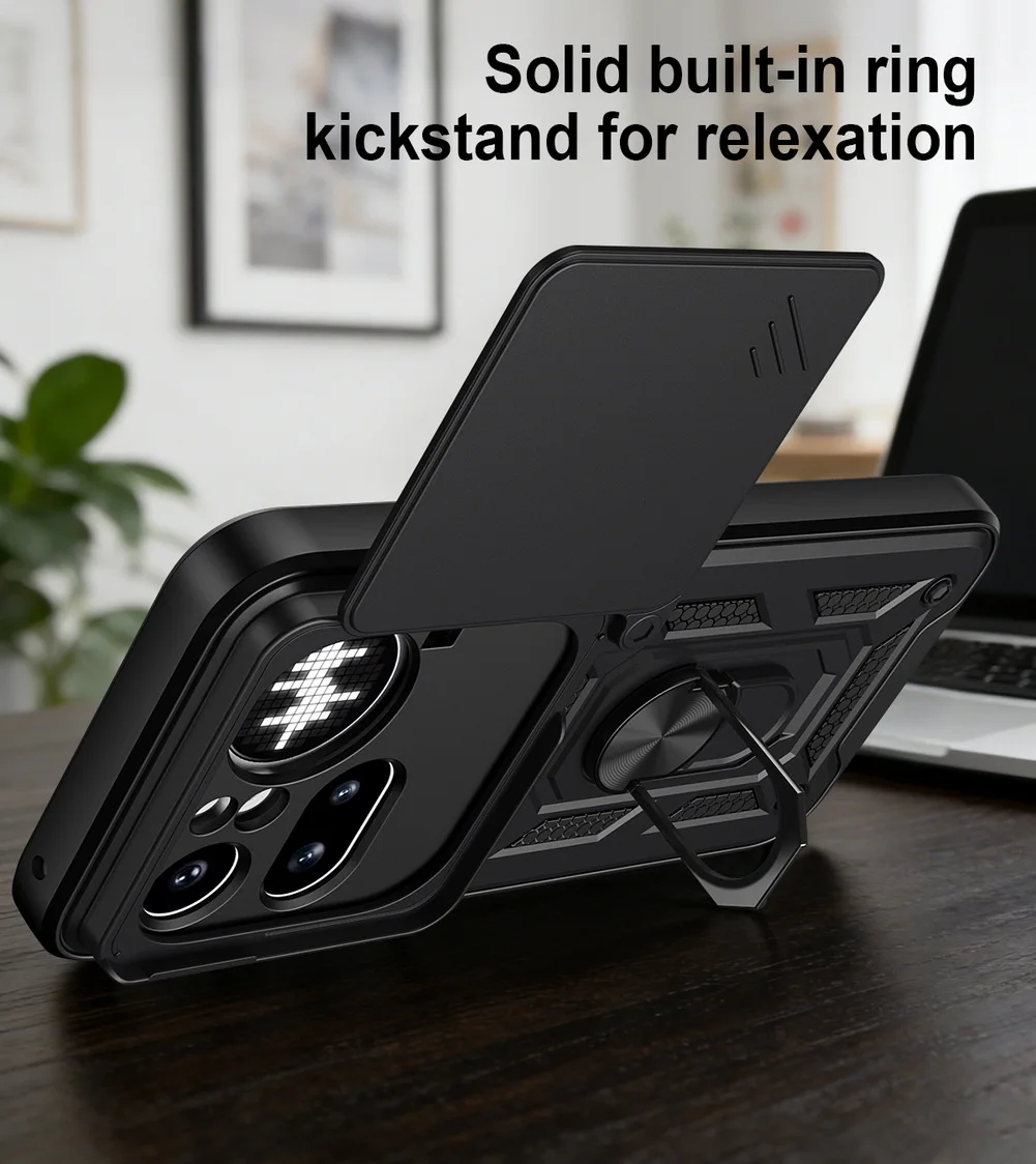 Enhanced Protective Camera Case with Armor Hybrid Metal Ring Holder Cover