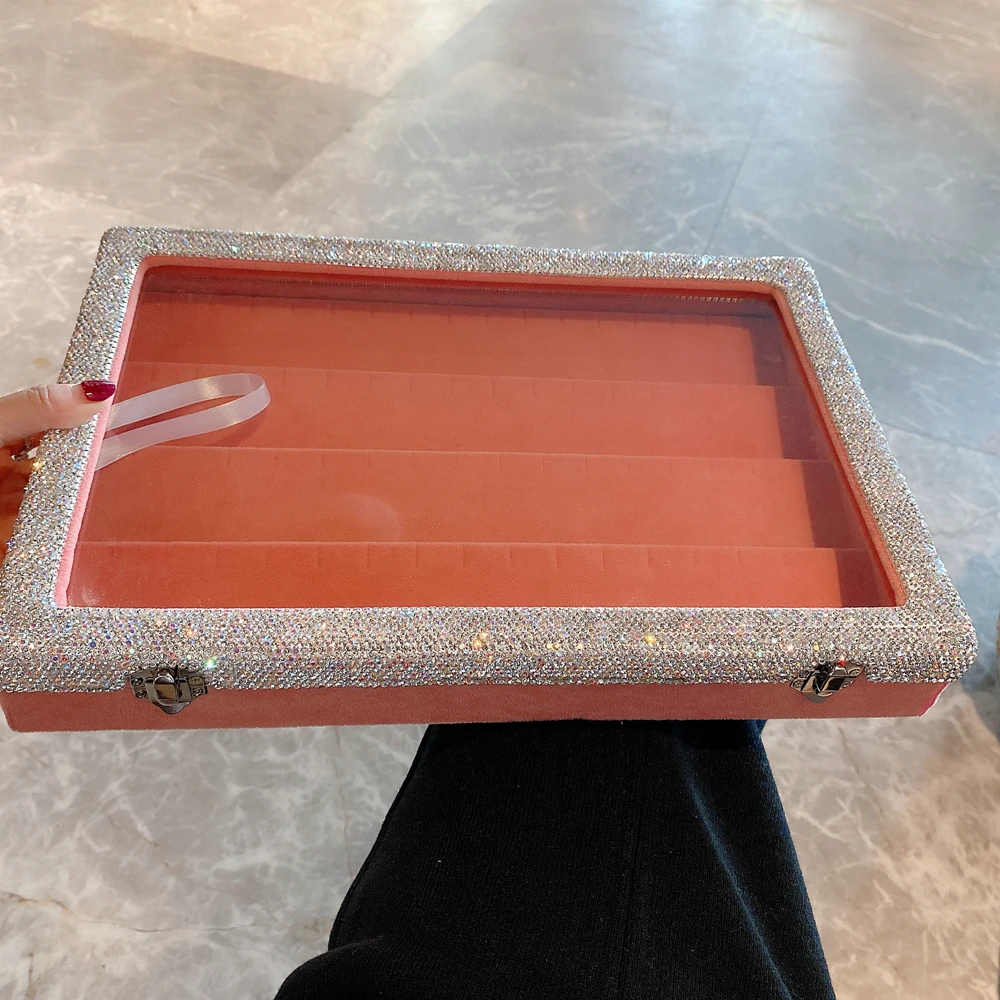 

Женская фланелевая шкатулка для ювелирных изделий, прозрачный Органайзер розового цвета с откидной крышкой, украшение с бриллиантами, HD-стекло, для больших сережек и ожерелий