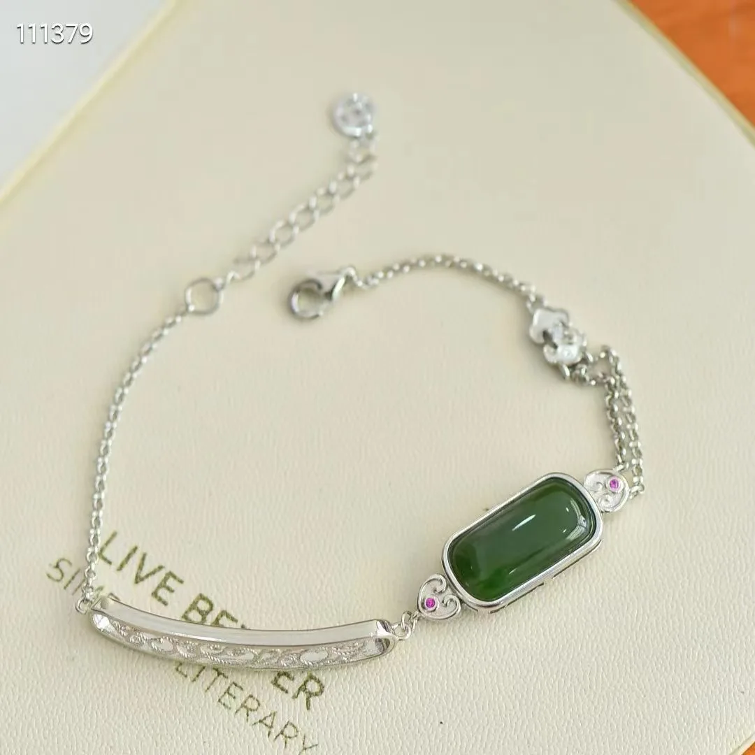 

Natural open 925 sterling silver bracelet inlaid green hetian jade personality temperament ladies jewelry bangles