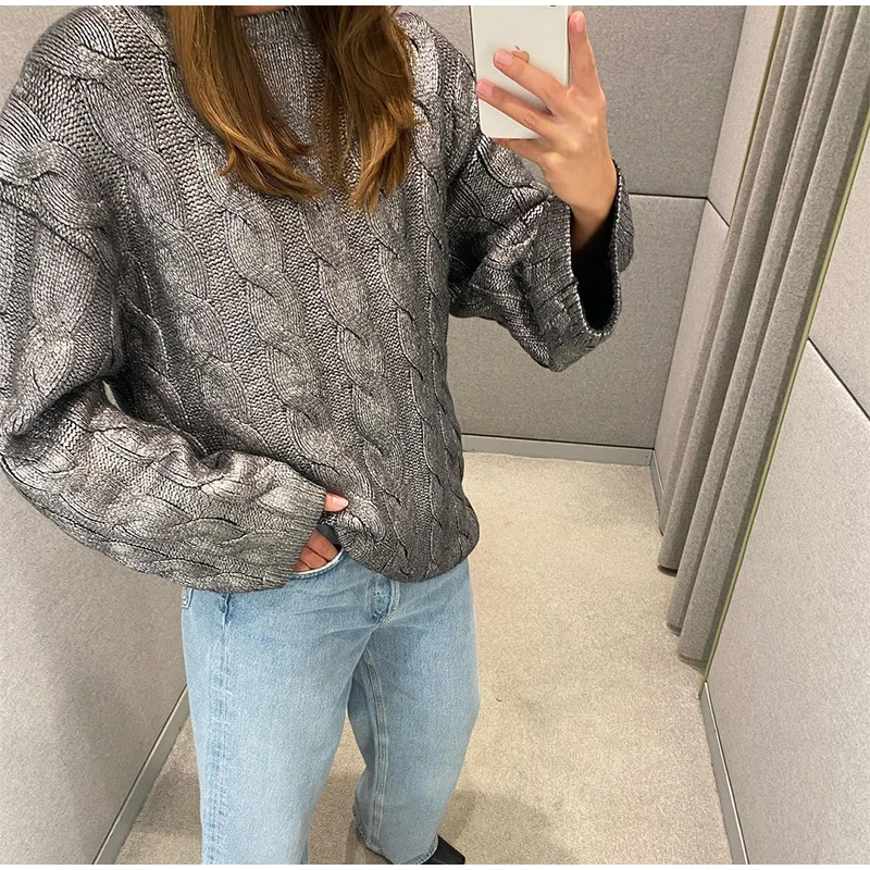 Vintage Knitted O-neck Sweater Women Casual Loose Sliver Long Sleeve Pullover Sweaters Female Winter Chic High Street Knitwear