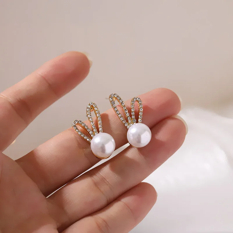 Korean Fashion Crystal Dangle Earrings White Pearl Pendants