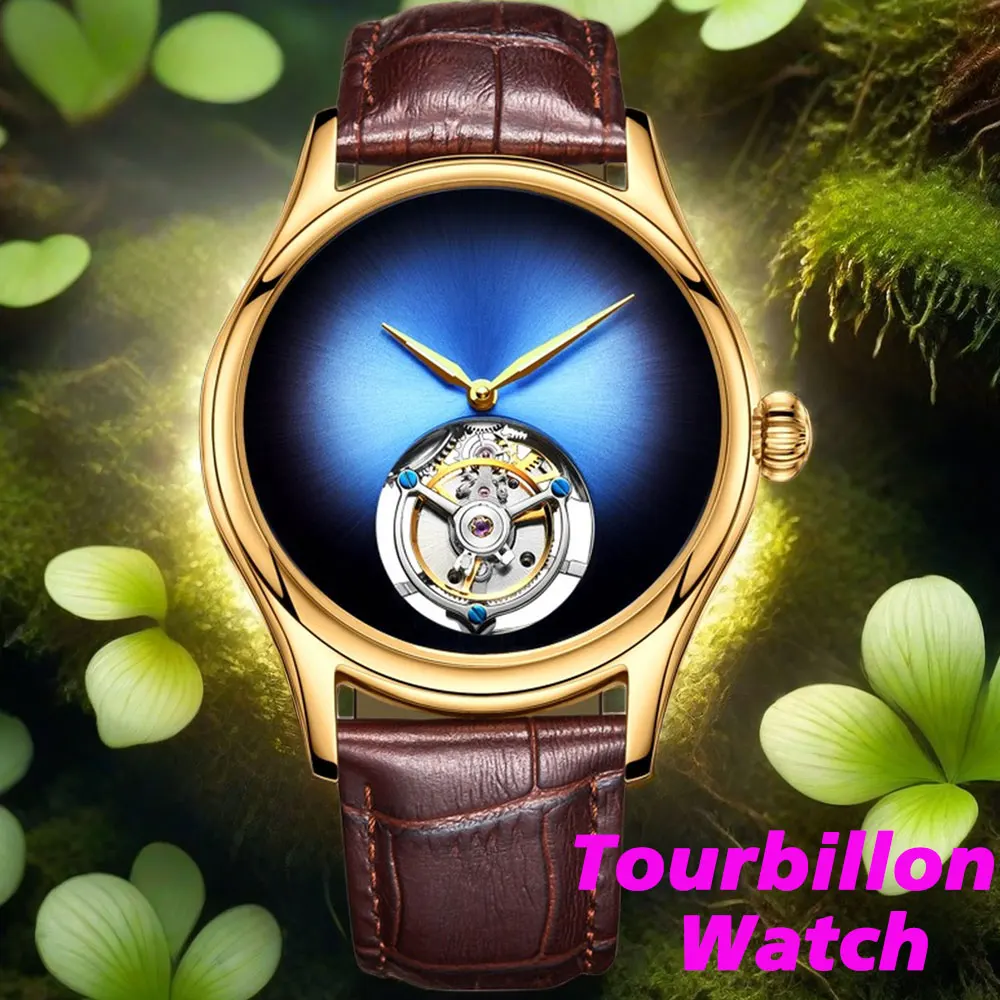 

Мужские часы с турбийоном, циферблат из сапфирового стекла с леопардовым глазом, ручной механизм, мужские водонепроницаемые Золотые механические часы