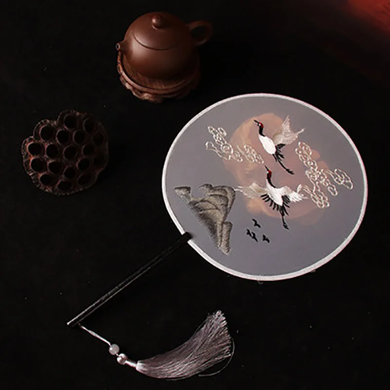 Vintage Double-Sided Embroidery Round Hand Held Fan, Chinese Ancient, Traditional Palace, Paddle, Hanfu Dance, Summer Gift