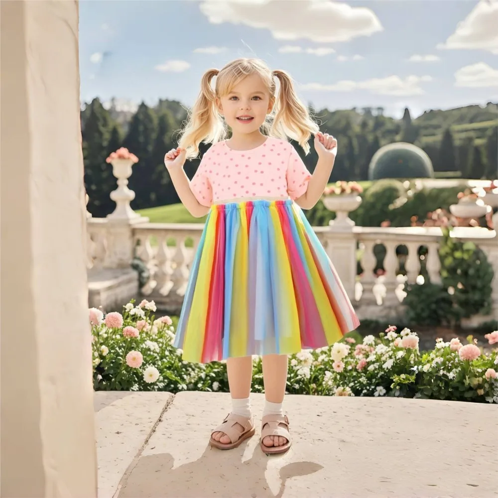 Girls Dresses 2025 Rainbow Colorful Mesh Children Girls Party Dresses Split Joint Long Sleeve Dresses Kids