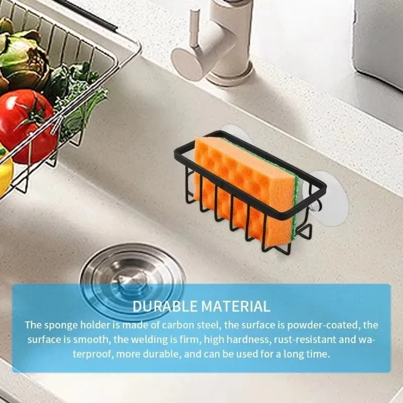 Home With Hook Draining Durable Soap Black Kitchen Sink Scrubber Countertop Sponge Holder Hollowed Suction Cup Caddy Organizer 4