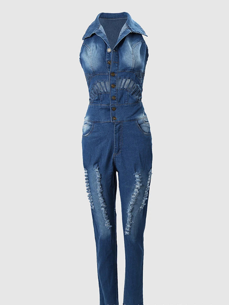 Sibybo Denim Rompers For Ladies Personalized Hole-out Rompers Casual Sleeveless Lapel Slim-fit Single-breasted Pants Autumn 2023