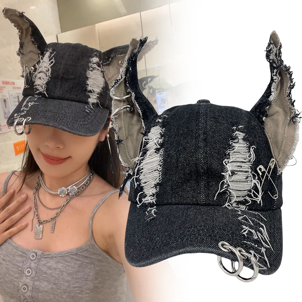 Punk Dobermann Dog Ears Washed Denim Baseball Cap Unisex Hip Hop Personality Retro Street Hat Halloween Accessories