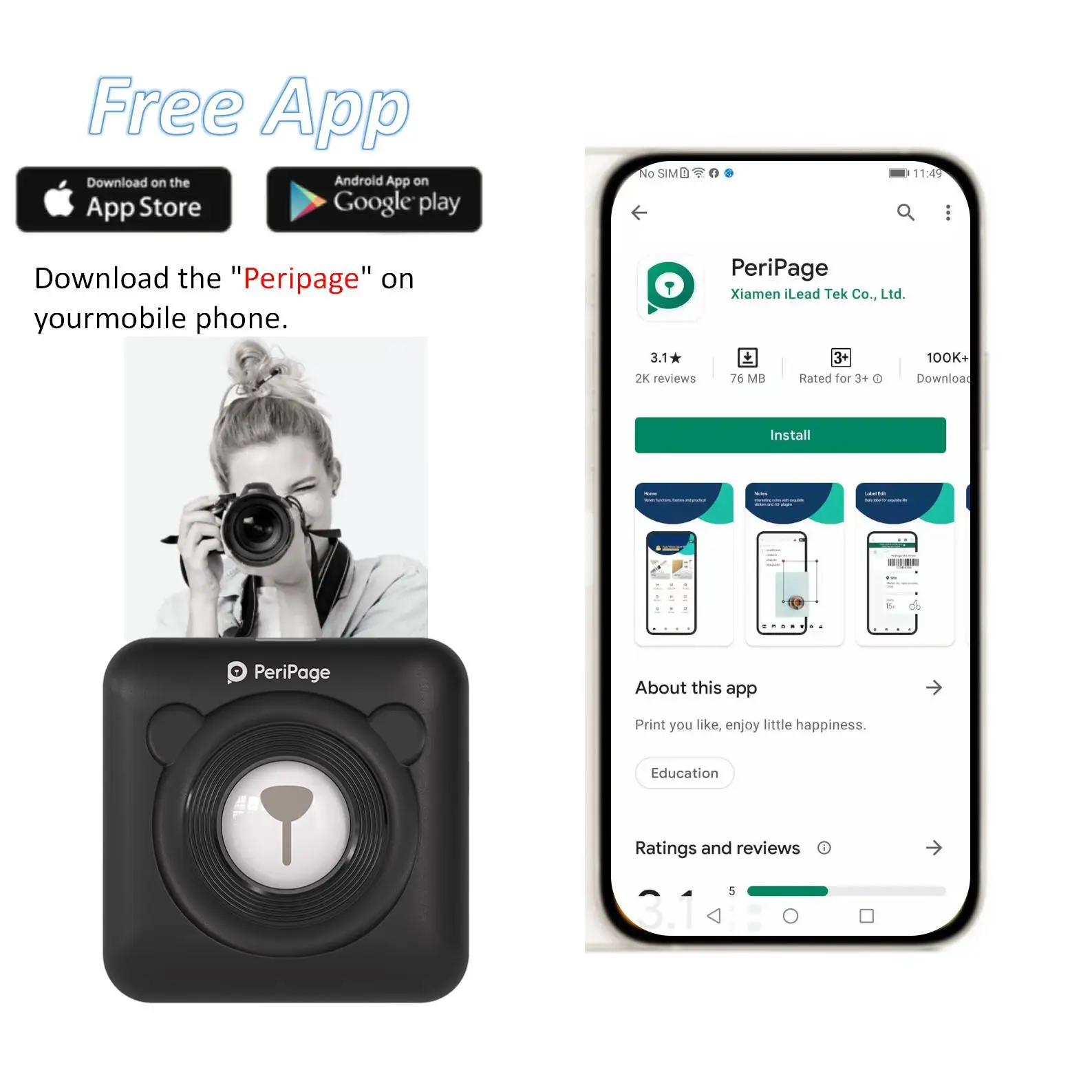 PeriPage 304 DPI Mini Photo Bluetooth Pocket Printer Wireless Portabl Sticker Thermal Printer For Mobile phone Android and iOS