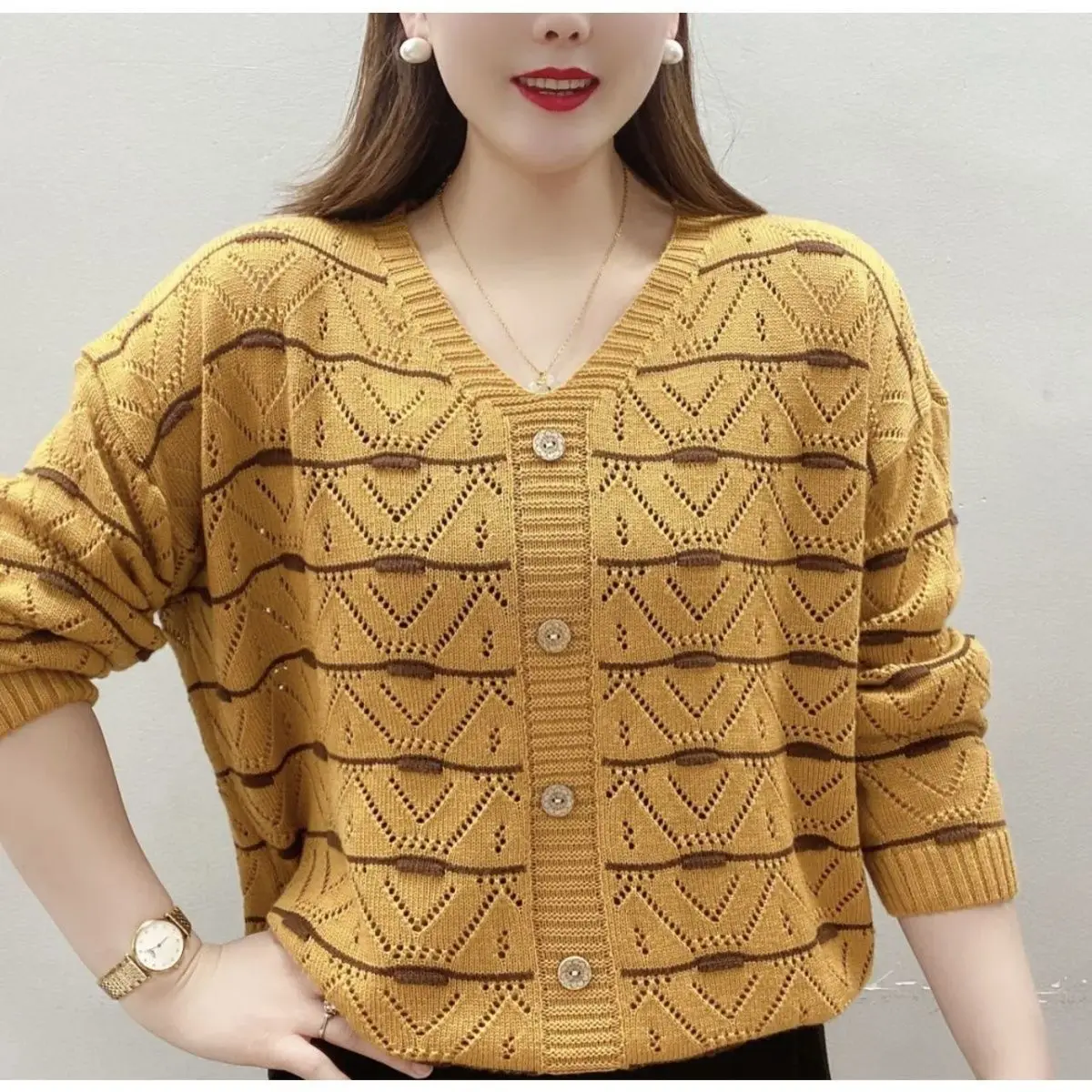 

Fashionable Minimalist Striped V-neck Sweater Openwork Versatile Spring and Autumn Korean Loose Sweater Top