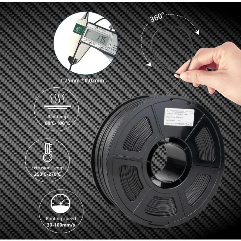 250 g PC-Kohlefaser-Polycarbonat-Filament, verbesserte Festigkeit, Zähigkeit, Kohlefaser-PC-Filament, hohe UV-/Hitzebeständigkeit – Detail 2