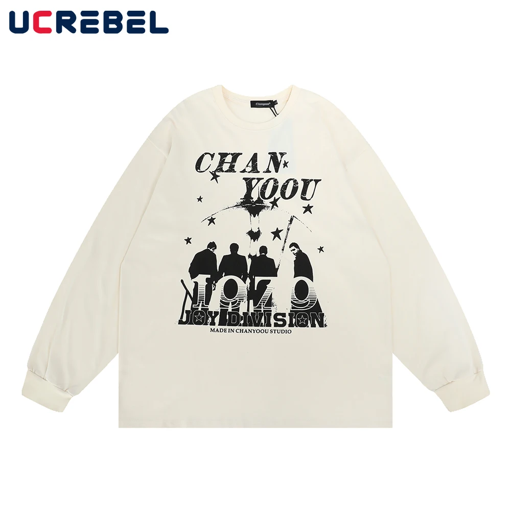 

Letter Print Long Sleeve T-shirt Mens Streetwear Crew Neck Loose Casual Autumn Top Men
