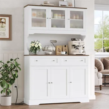Kitchen Cabinets with Countertop and Outlets, Farmhouse Kitchen Pantry Storage with Doors and Shelves for Kitchen 2