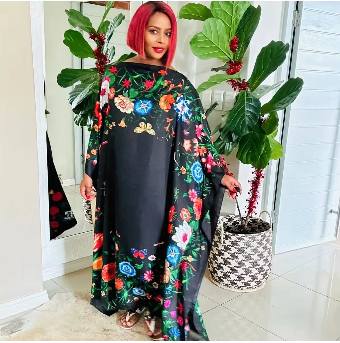 Middle East Elegant Printed Twill Silk Summer Kaftan Maxi Dress Oversized  African Blogger Designer Loose Abaya Muslim Long Dress