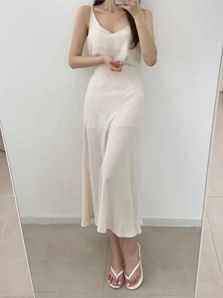 Summer 2 Two Piece Set Women V-Neck Fashion Ladies Sleeveless Slip Tops High Waist Korean Loose Ruffle Pleated Woman Long Skirts