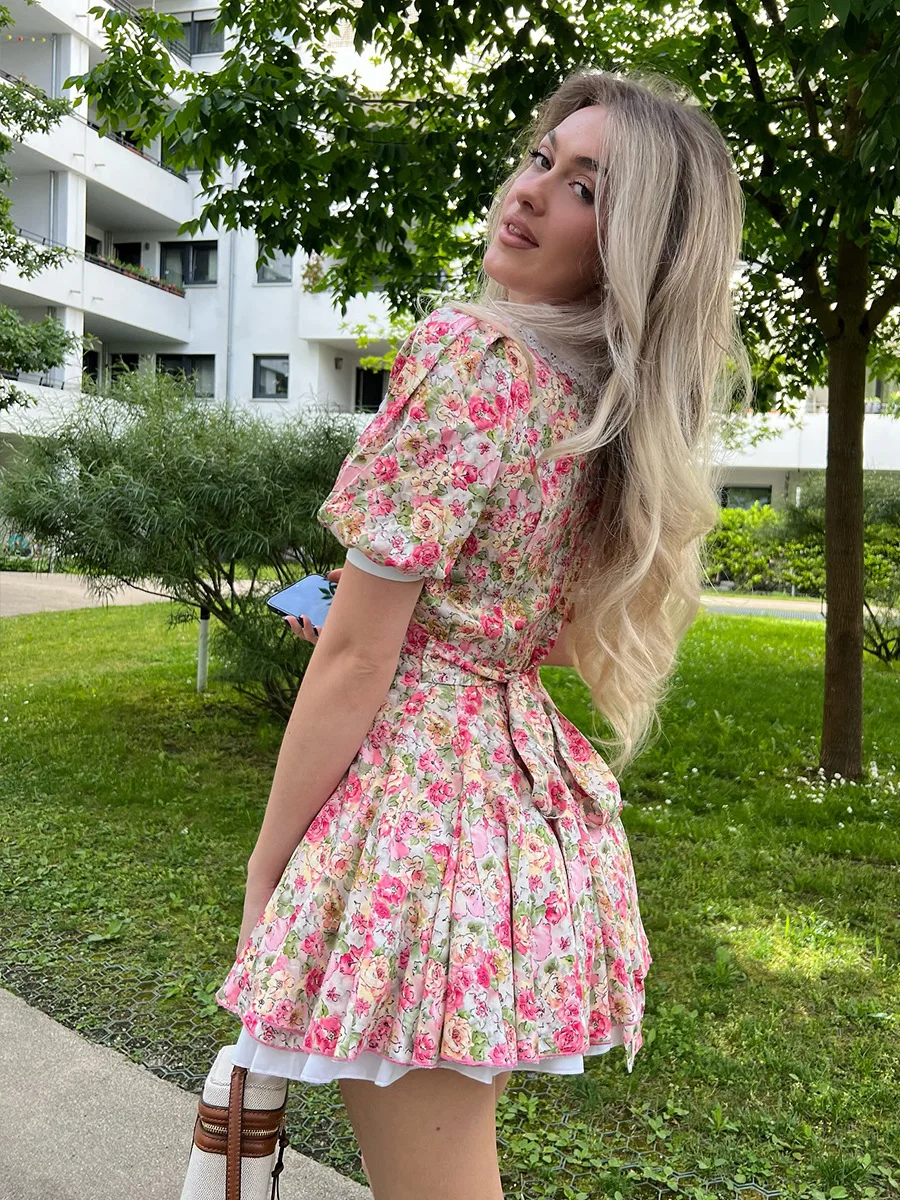 Bornladies Doll Collar Printed Short Sleeved Dress 2025 Summer New  Bubble Sleeve Single Breasted Mini Dress For Women