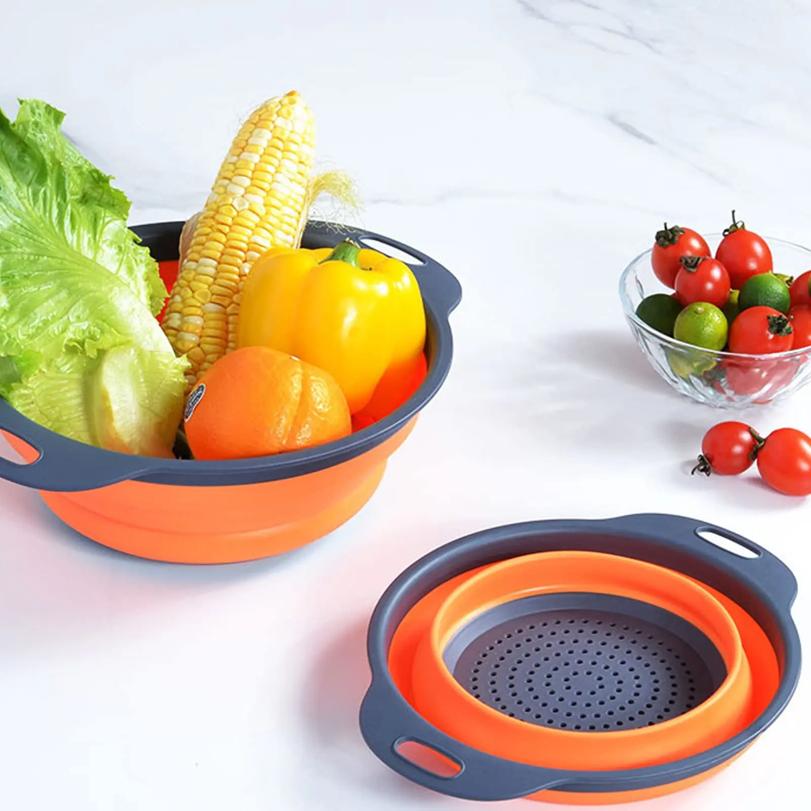 

2pcs Vegetable Washing Basket Folding Silicone Drain Basket Fruit Tool Dish Kitchen Storage Tool Washing Basket Strainer Handle