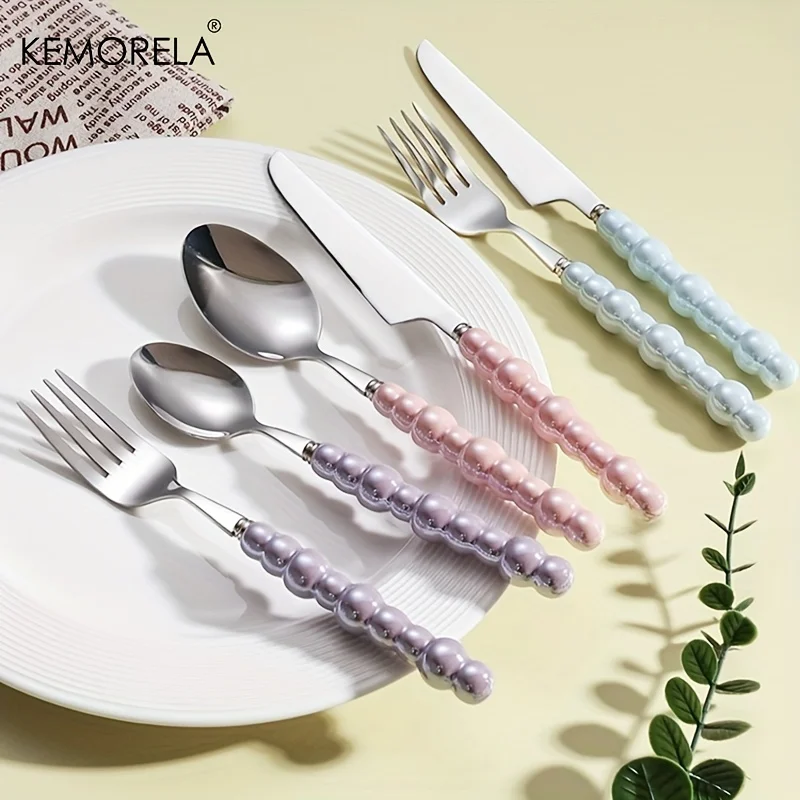 INS Ceramic Pearl Handle Stainless Steel Spoon Tableware Household Steak  Knife Dessert Fork Cutlery Set Dinnerware Set - AliExpress