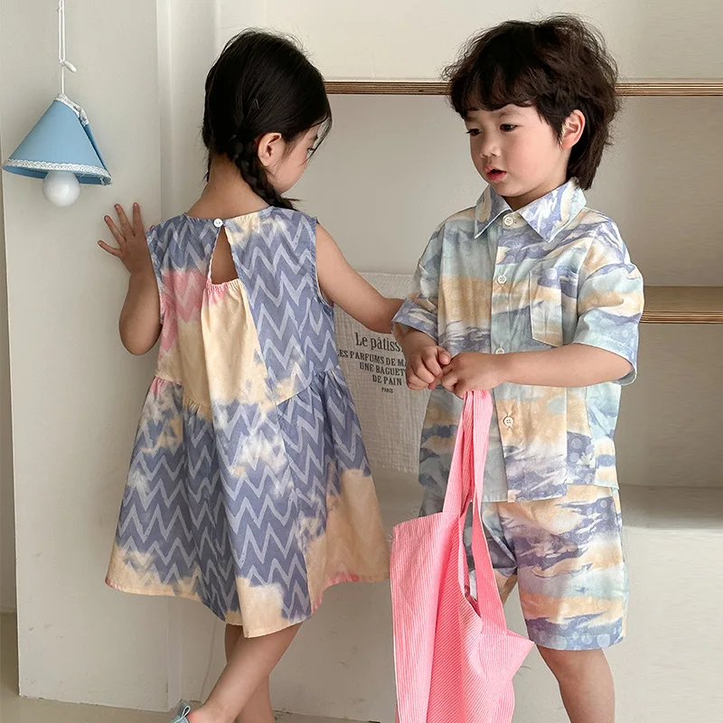 MILANCEL Brother and Sister Outfit Children's Summer Shirt Set 1-8Y Boys' Beach Clothes Loose Casual 2Pcs Suit Girls' Vest Dress