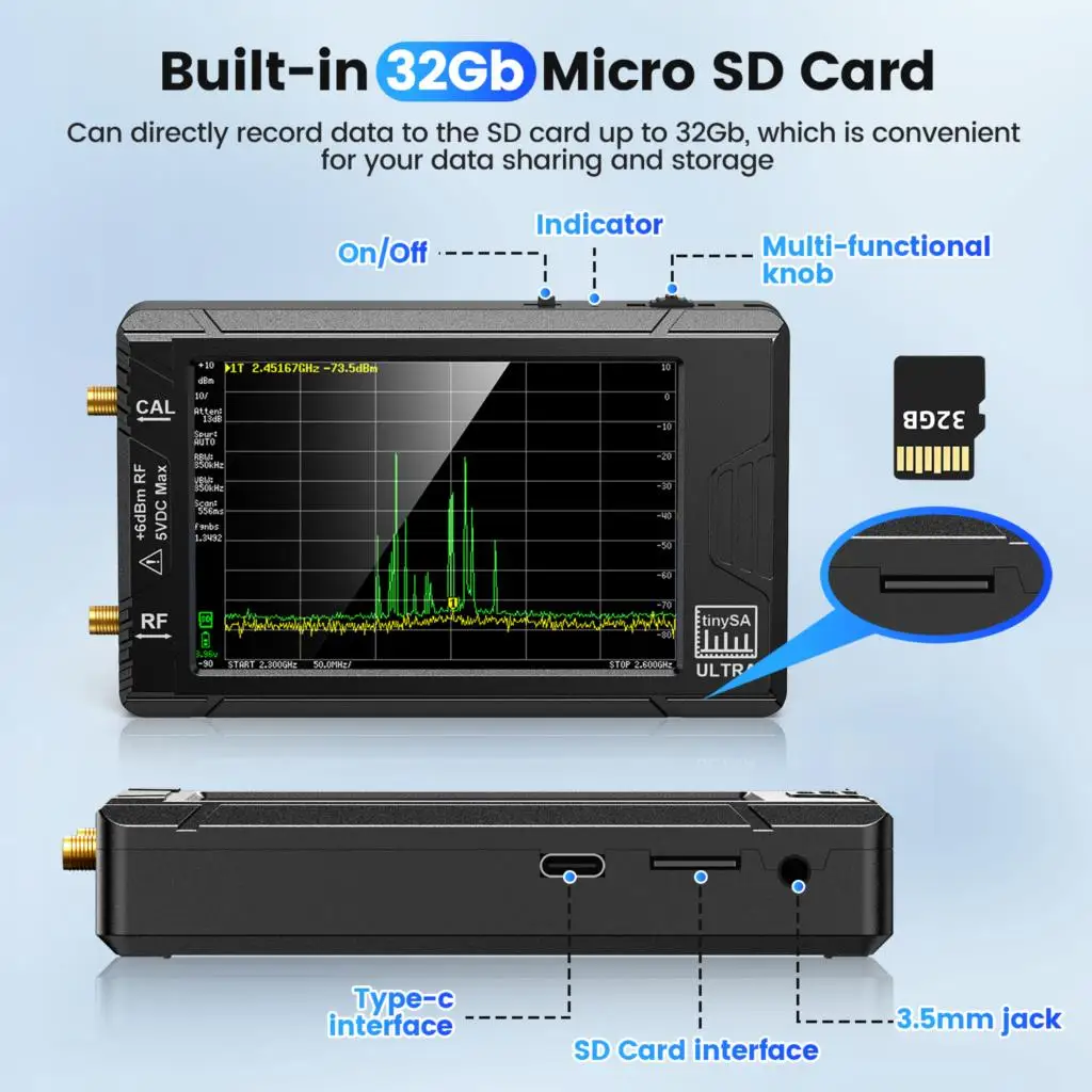 Handheld 2.8" Display TinySA Spectrum Analyzer /TinySA ULTRA With 4" Display 100kHz to 5.3GHz with 32GB Card Version V0.4.5.1 5