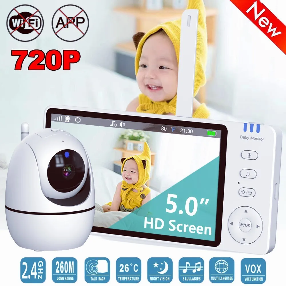 5.0 Inch 2.4G Wireless Video Baby Monitor 3500mAh Battery IPS Screen Nanny PTZ Camera 2-way Audio VOX Lullaby Up USB Charge wireless baby monitor video baby monitor