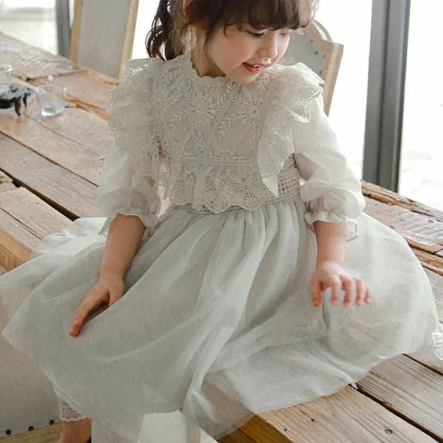 New Spring Baby Long Puff Sleeves Dress 2-11Y Child Girls Lace Turn-down Collar Princess Dresses Children Mesh Dress CL540 baby dresses Dresses