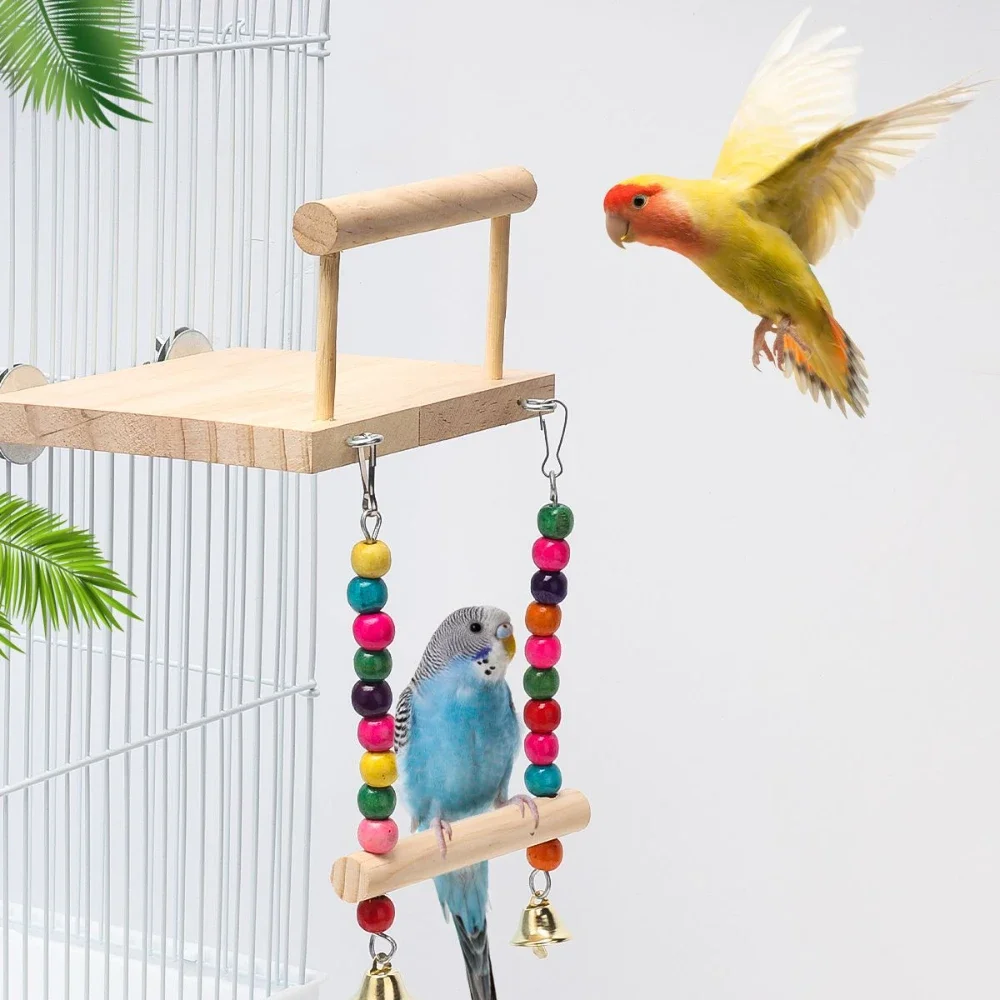 Bird Stand Platform Swing Toys Wooden Parrot Swing Toy Suspension Bridge Climbing Frame with Chewing Beads Birdcage Accessories 2