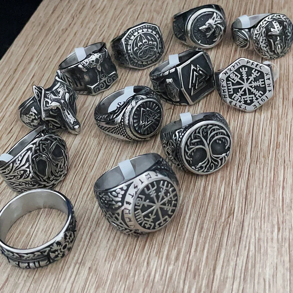 316L Stainless Steel Nordic Viking Ring Valknut Compass Tree of Life Wolf Vintage Men Ring Amulet Jewelry for Boyfriend As Gift