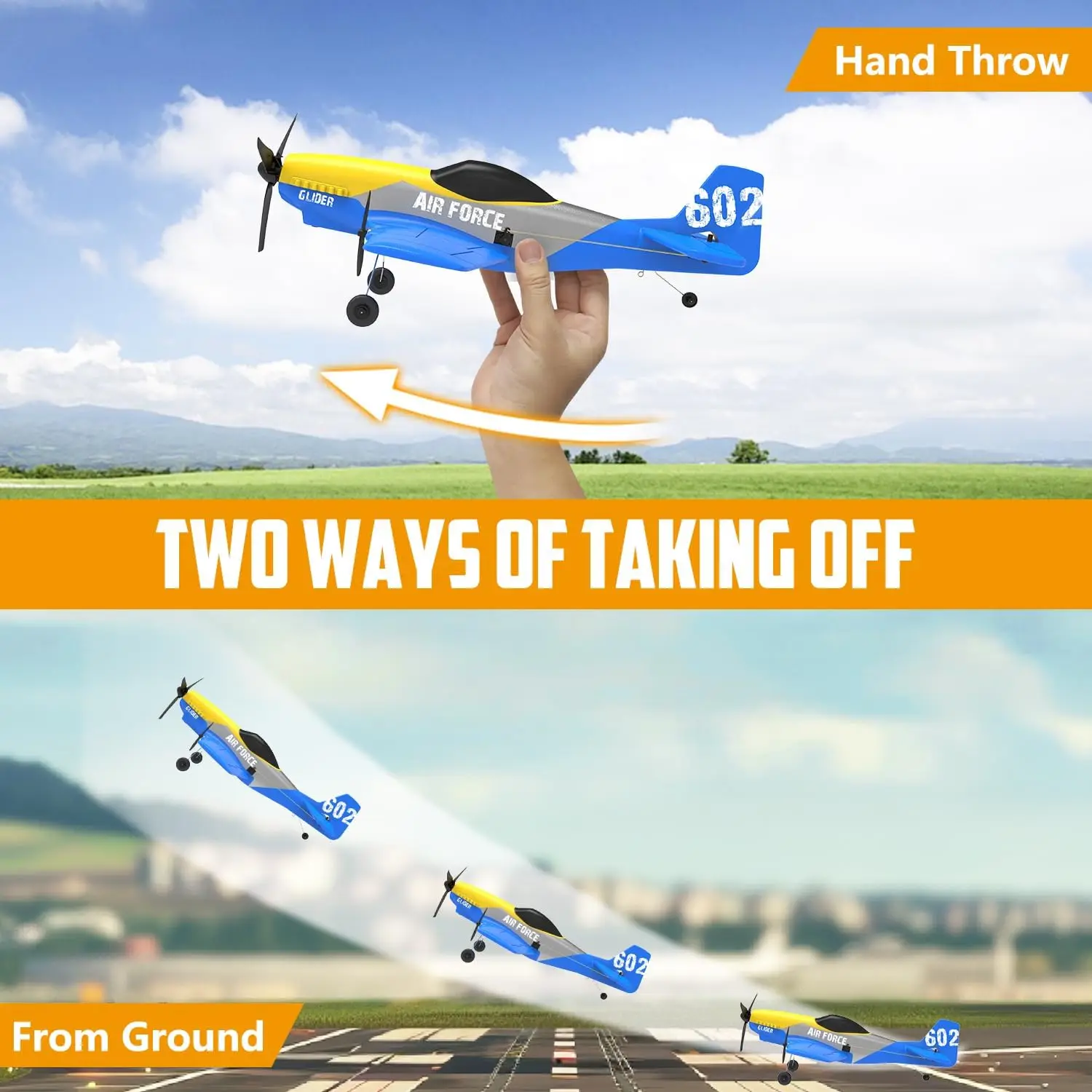 Planeur RC P51 Mustang en vol stationnaire, montrant les ailes et le fuselage EPP