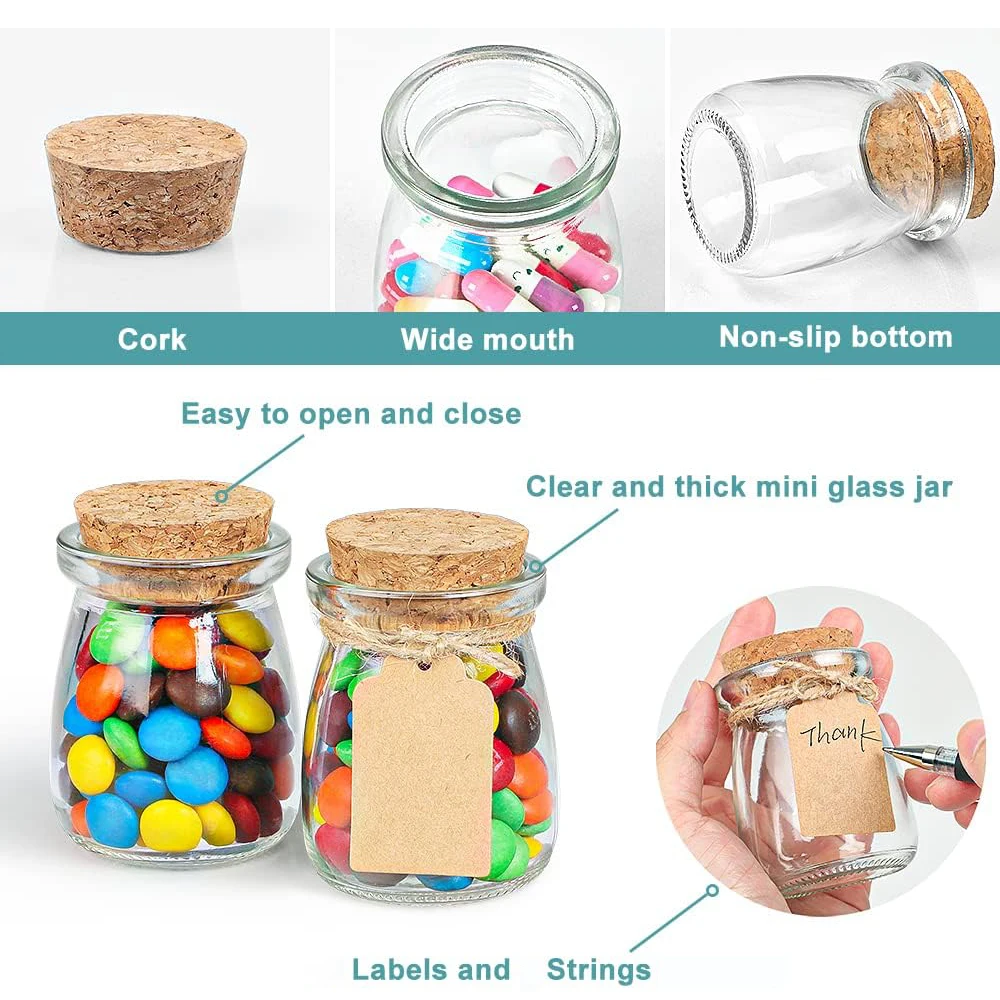 Glass Favor Jars with Cork Lid, 3.4 oz Small Glass Bottles for Wedding Favor, Baby Shower, Party Favor, Gift Jars for Candy 3