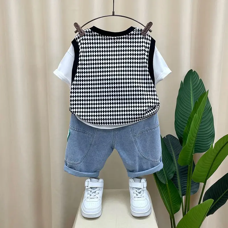Camiseta de manga curta xadrez infantil e terno de calças, conjuntos de roupas para bebês, patchwork, roupas para meninos, 2-12 anos, verão, 2 peças
