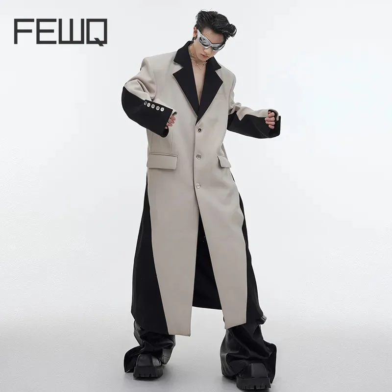 

FEWQ Men's Woolen Long Coat Personality Autumn Winter Male Clothing Contrast Color Stitching Knee Length Wool Windbreaker 9C2634