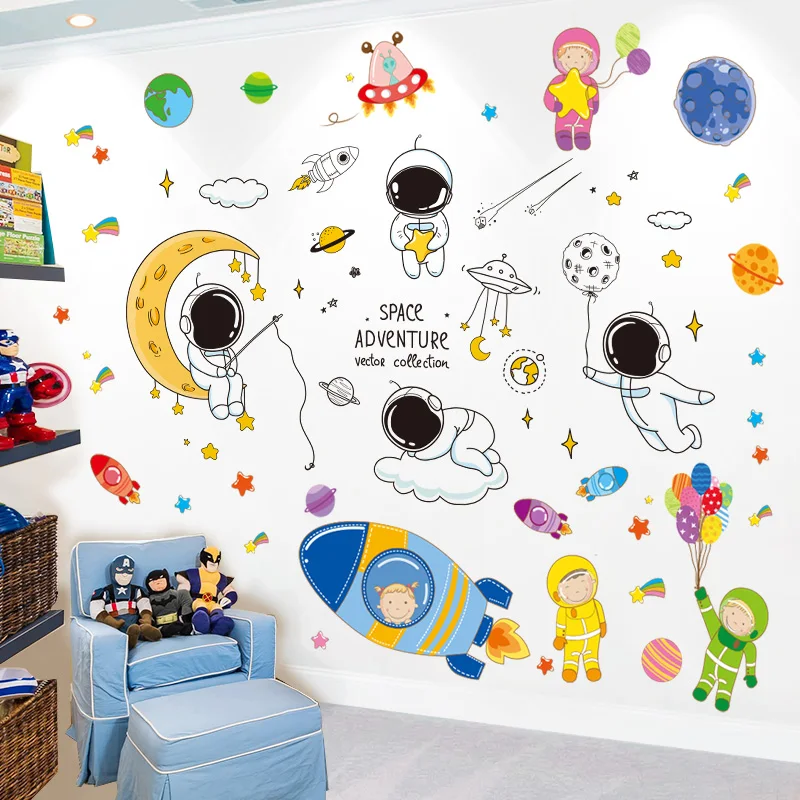 Astronauts Outer Space Wall Stickers Diy Planets Rockets Wall Decals For Kids Rooms Baby Bedroom Kindergarten Home Decoration