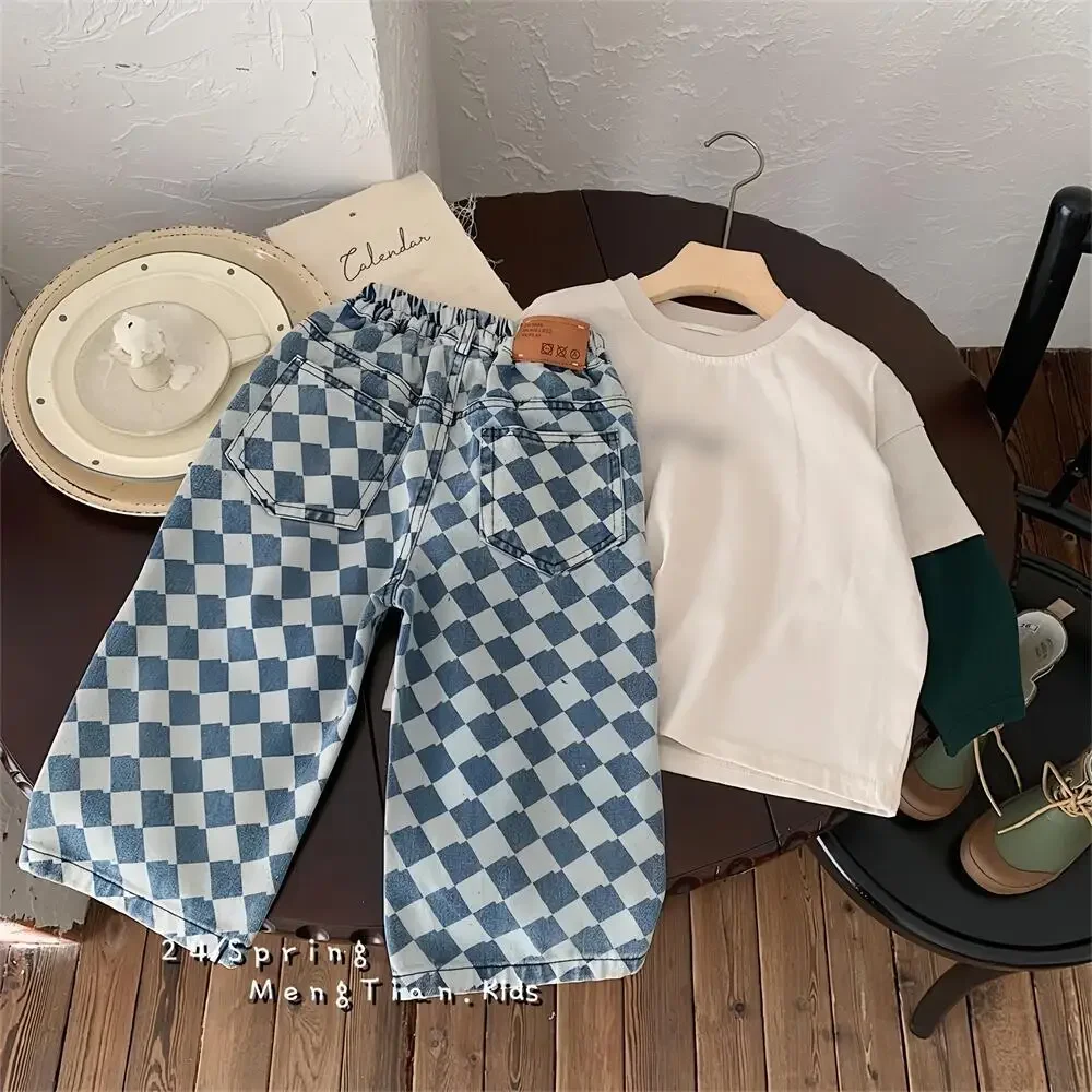 Boys Plaid Denim Pants Casual Full Length Trousers