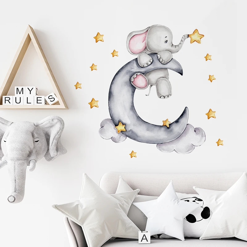 Cartoon Grey Baby Elephant Moon Gold Stars Wall Stickers Nurserry Decals for Kids Room Girl Boy Decorative | Дом и сад