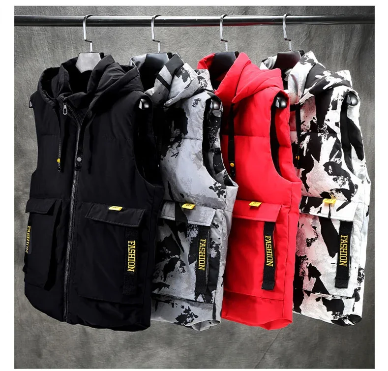 Autumn Winter Sleeveless Jackets Men 2024 Casual Camouflage Cotton Padded Vest Warm Thick Waistcoat Hooded Men's Clothing