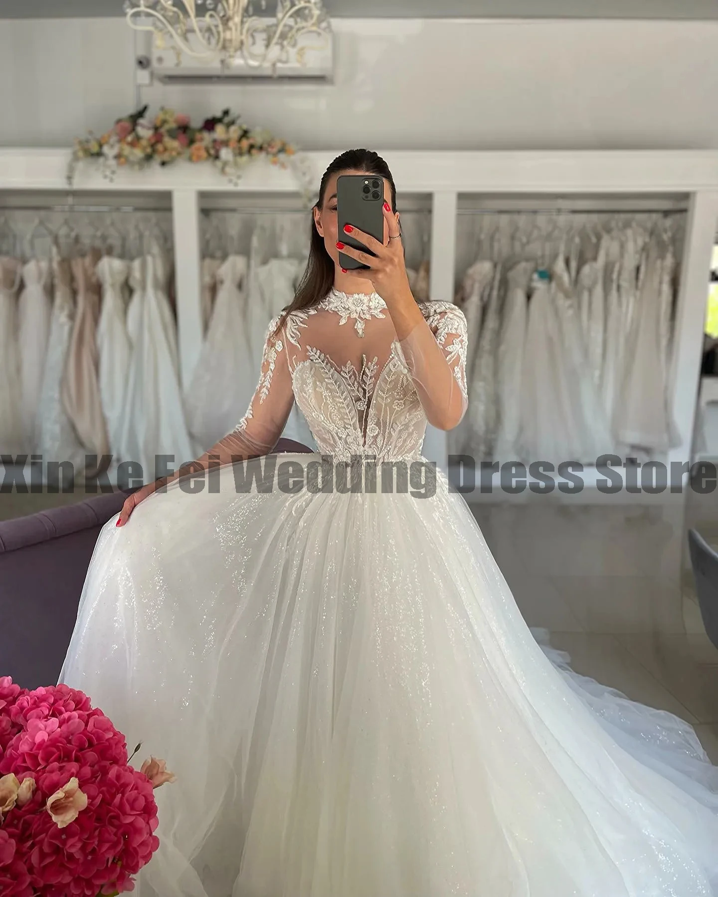 Long Sleeve Mermaid Wedding Dresses 2024 New High Collar Exquisite Lace Appliques Elegant Fluffy Mopping Bride Gowns Women Robe