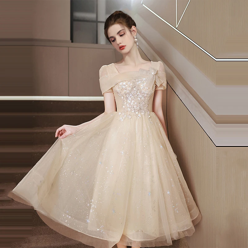 Romantic New Fashionable Champagne Prom Dress Lace Appliques Tea Length Evening Dress With Short Sleeve Vestidos De Fiesta