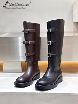 Punk Style Multi Buckle Cowhide Genuine Leather Boots Women High Top Knight Boots Autumn Winter Vintage Riding Knee High Shoes