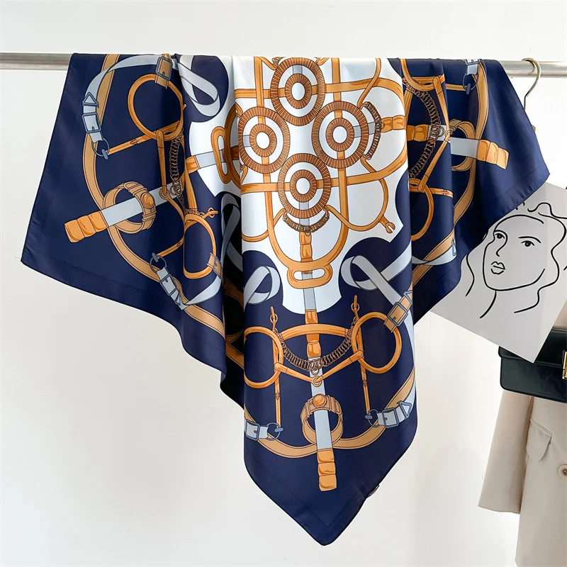 Retro Chain 90cm Printed Large Square Scarf Spring And Autumn Scarf Twill Silk Headscarf All-Match Sunscreen Shawl Female 2