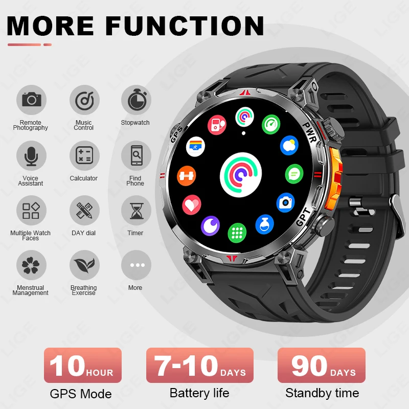 LIGE GPS Smart Watch 1.39" HD Display Built-In Compass Barometric Altimeter Voice Call Smartwatch 3ATM Waterproof Sports Watches