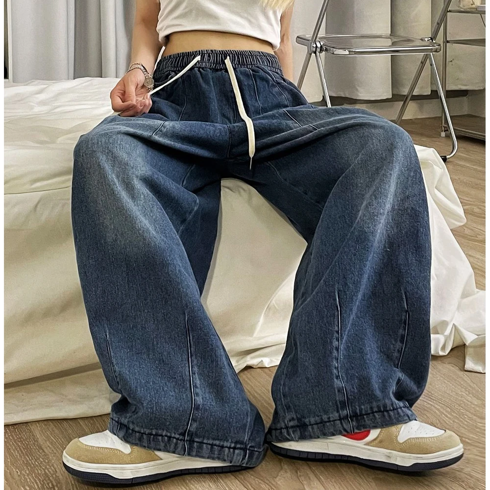 Women's Korean Style Baggy Jeans Wide Leg Drawstring Denim Pants Y2K Streetwear Blue Jeans Oversized Street