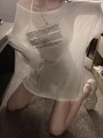 Sexy Spicy Girl See-tough Letter Print Summer Thin Loose Slimming Front Ba Two-wear T-irt Women's Faionable Cover-up