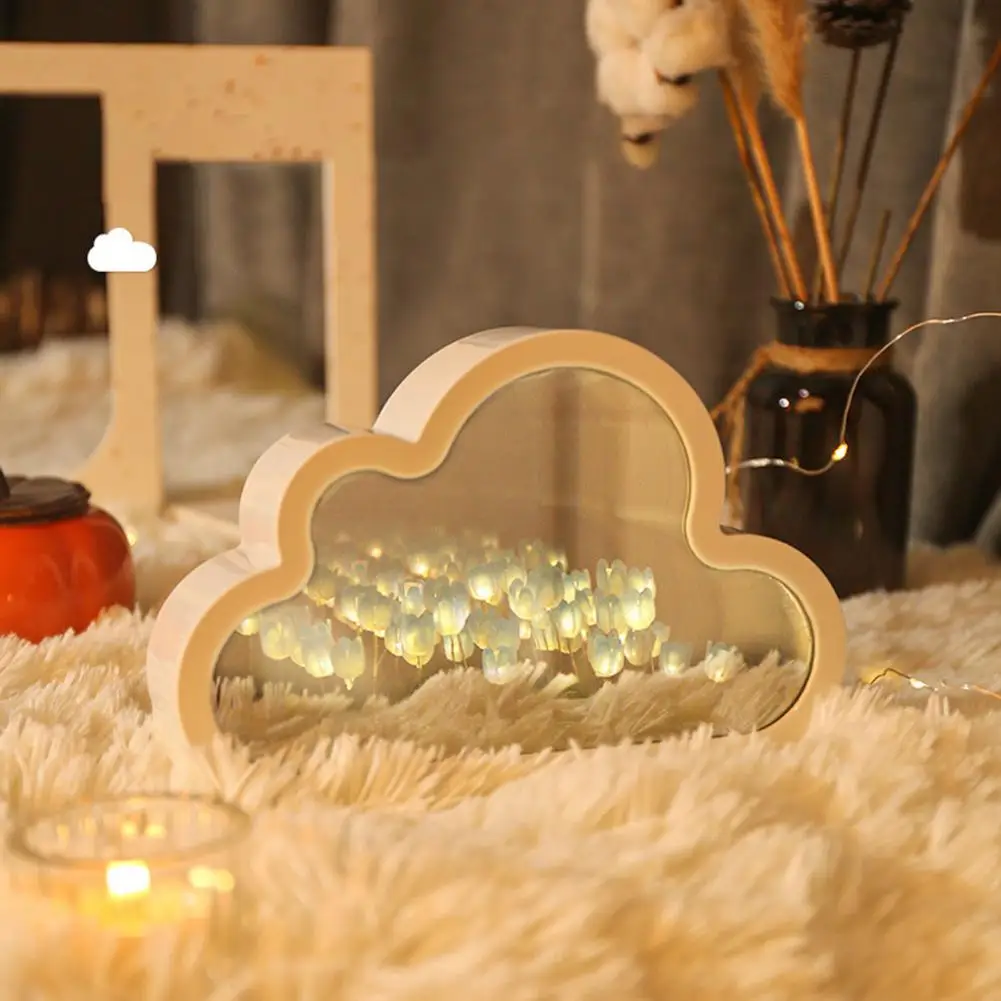 

Table Lamp Handmade Tulip Mirror Night Light Desktop Ornament with Soft Flicker-free Diy Cloud Tulip Ambient Decor for A Cozy